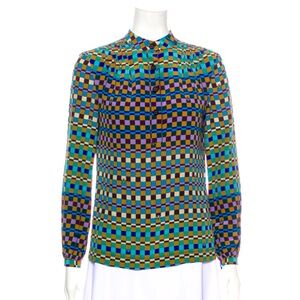 Tory Burch Size 4 Purple Blue Tan Gingham Logo Silk Henley Blouse Top